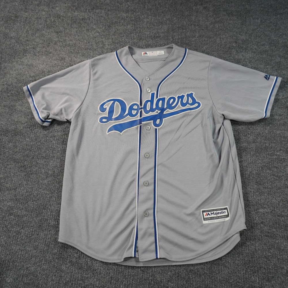 Majestic Dodgers Baseball Jersey Mens Large Grey Blue Cool Base MLB Button Up